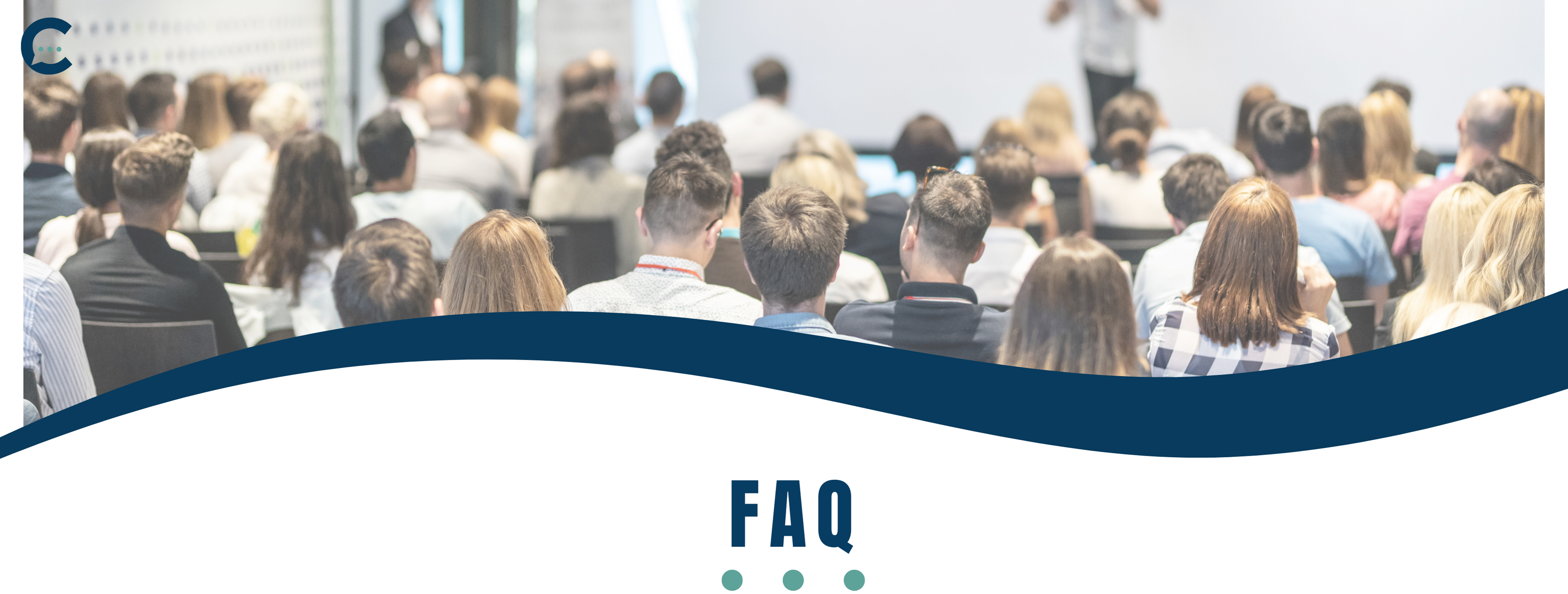 “FAQ” – standing for Frequently Asked Questions – is in bold blue lettering at the top of the page, with green dots underlining the text.